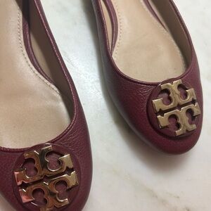 Tory Burch Wine Red (Burgundy)  Leather Flats with Gold Logo
